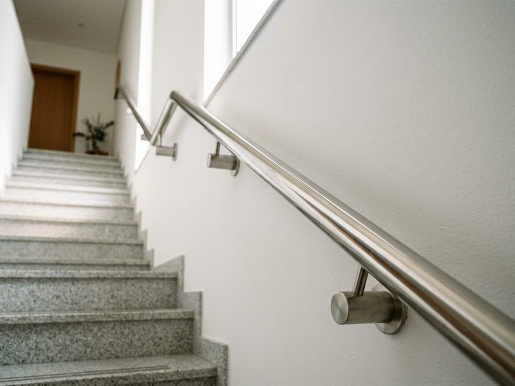Pasamanos de acero inoxidable en una escalera de una vivienda de Ourense