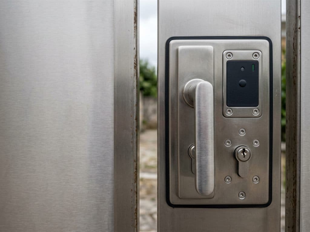 Detalle del herraje de un portal de acero inoxidable en Ourense
