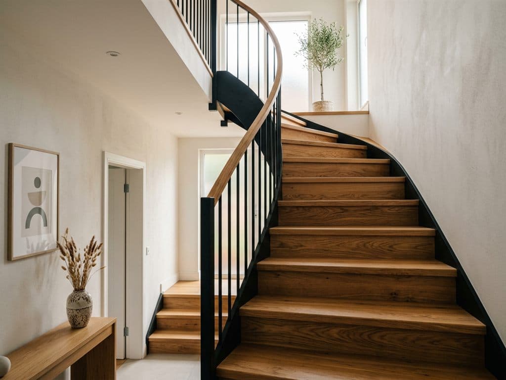 Escalera compensada de hierro y madera fabricada en Ourense