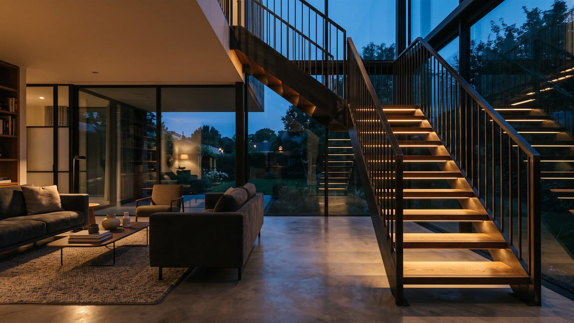 Escalera metálica de diseño como elemento protagonista de una casa en Ourense