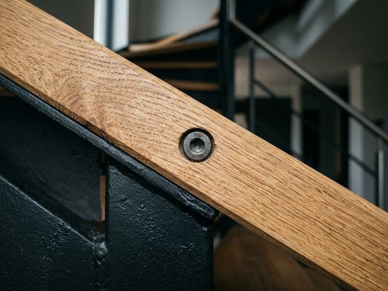 Detalle de peldaños de madera sobre estructura de hierro en Ourense