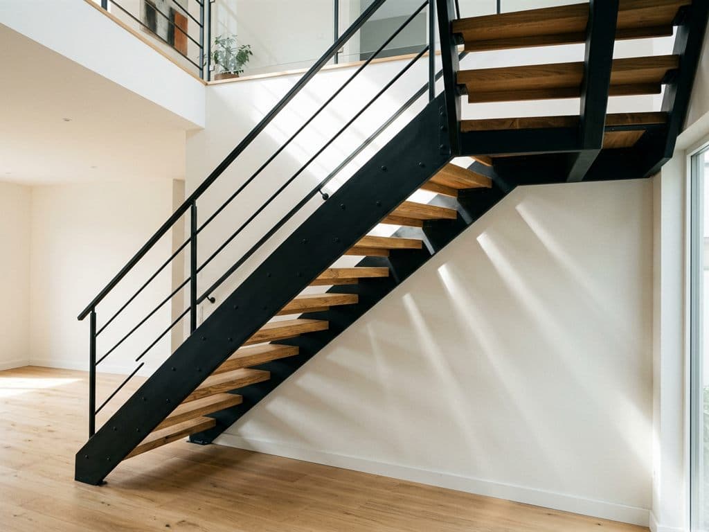Escalera recta de hierro y madera en una vivienda de Ourense