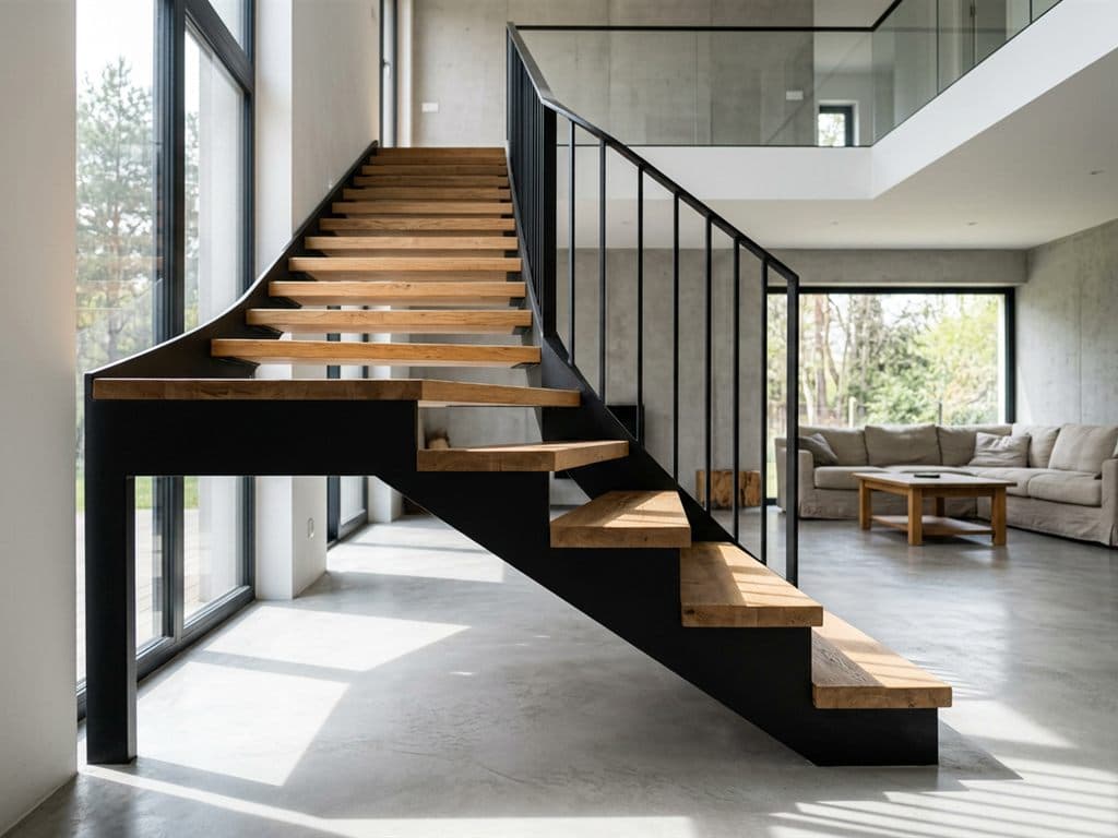 Escalera de hierro con peldaños de madera en una vivienda de Ourense