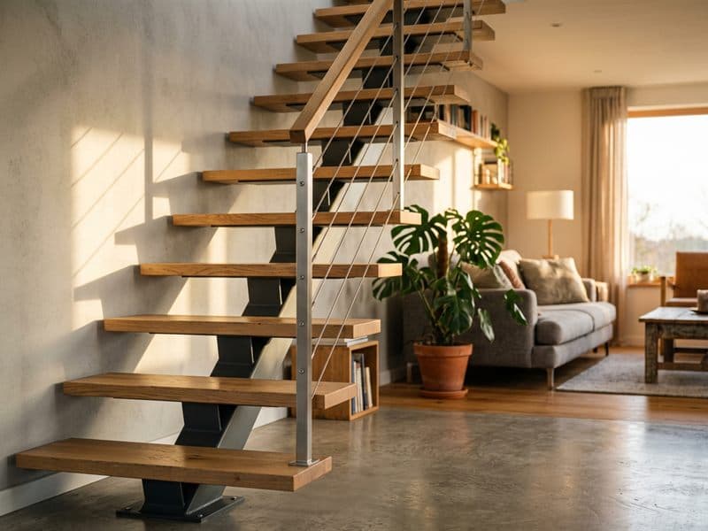 Escalera metálica con diseño personalizado en un salón de Ourense