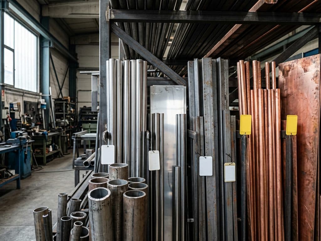 Materiales metálicos certificados almacenados en el taller de Hinoxton en Ourense