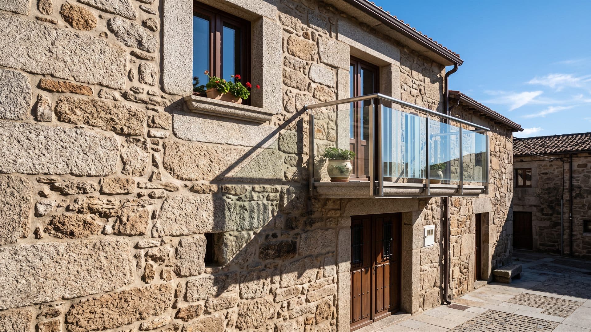 Barandilla metálica renovada en la fachada de una vivienda de Ourense